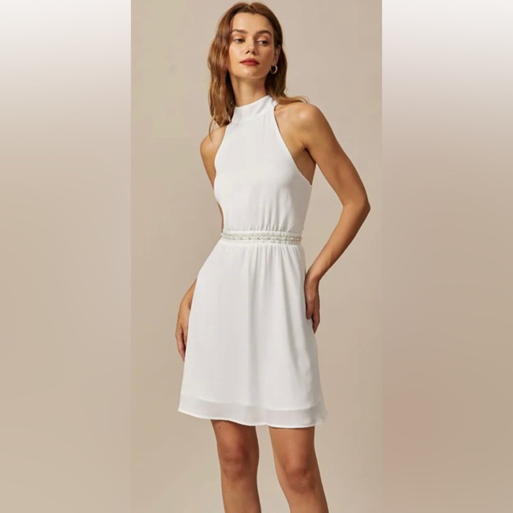 White mock neck pearls backless mini dress NWT